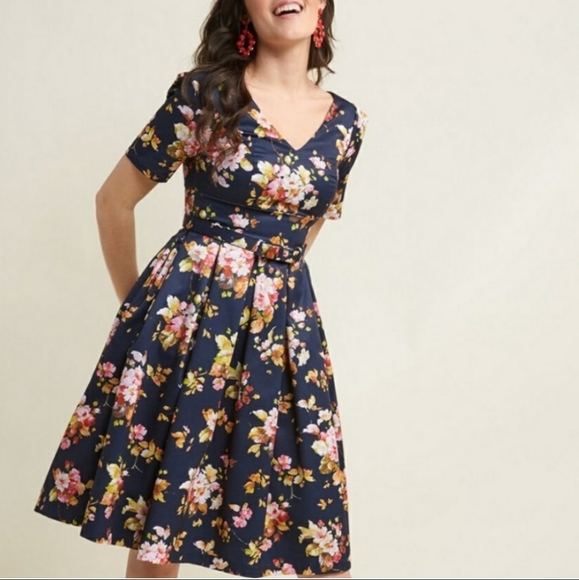 ModCloth Navy Floral Elegant Fit & Flare Dress - Picture 3 of 10